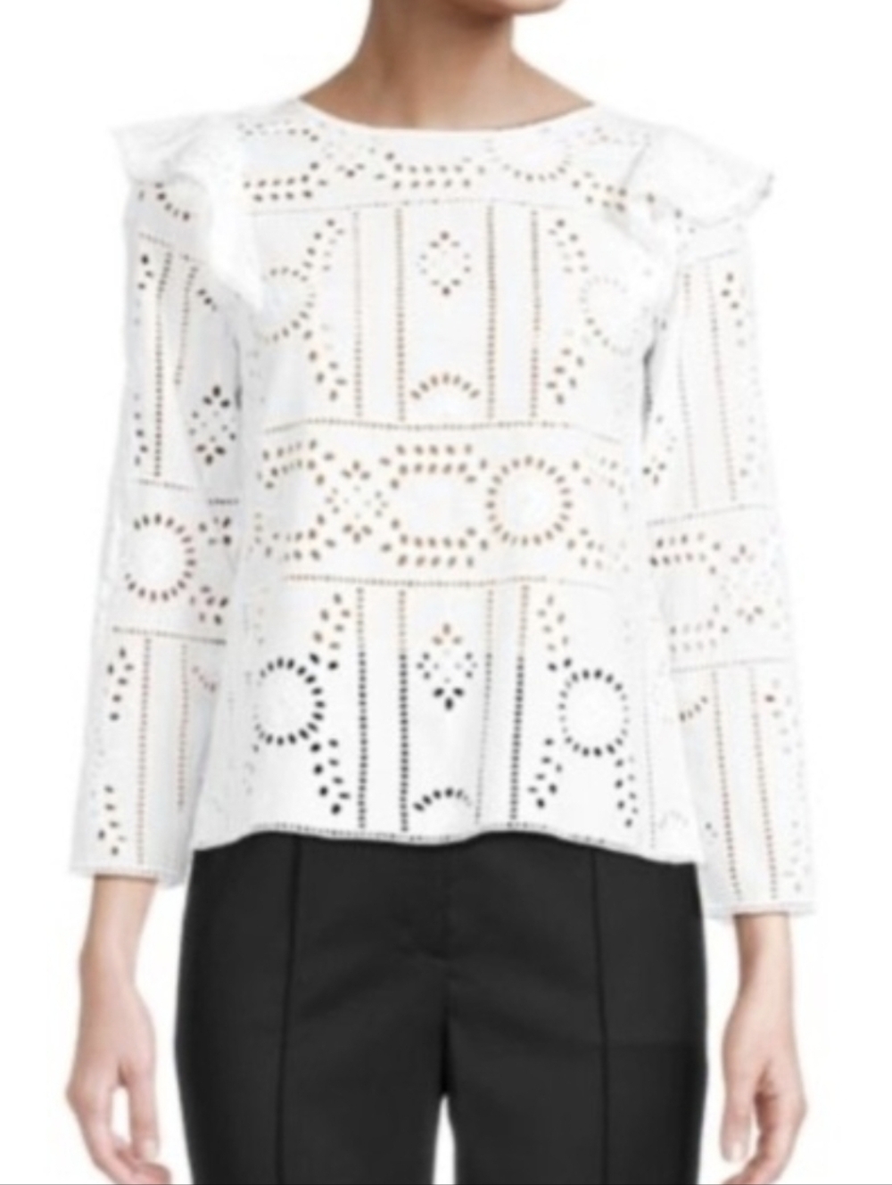 The Kooples NWT Floral White Eyelet Ruffle Shoulder Long-Sleeve Top